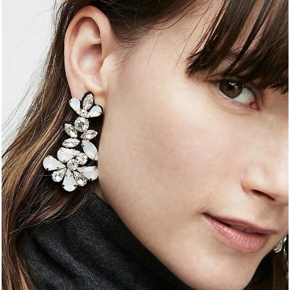 J. Crew Crystal Clear Opal Color Cluster Black Fabric-Backed Statement Earrings‎